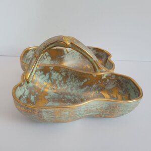 Stangl Antique Gold & Mint Green Ceramic Divided Serving Dish With Handle